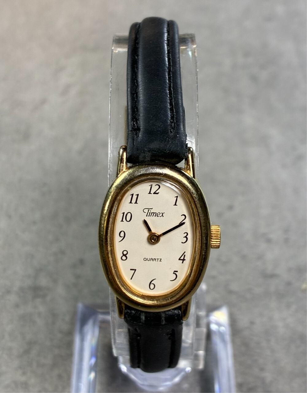 Timex Women's Small Oval Watch Gold Tone Black Leather Strap 17mm Working